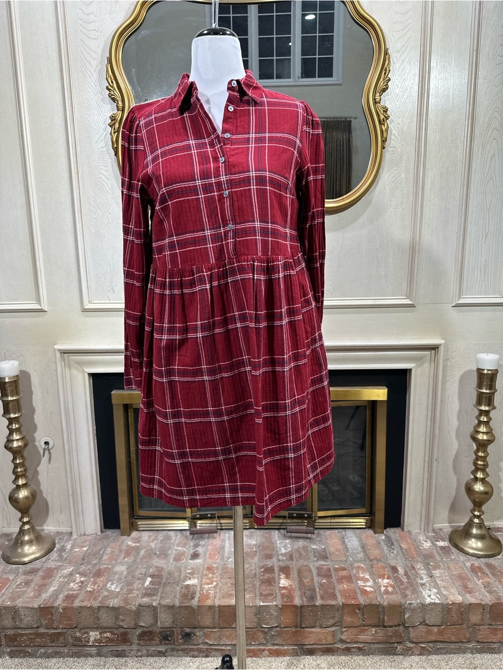LOFT Dress Womens M Burgundy Red Plaid Babydoll Shirt Dress Cottagecore Grunge